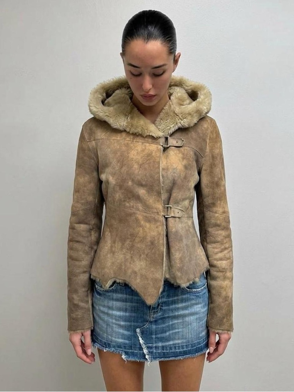 Vintage Shearling Hooded Jacket in Tan